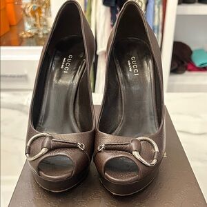 Gucci Chocolate Leather Peep Toe Heels